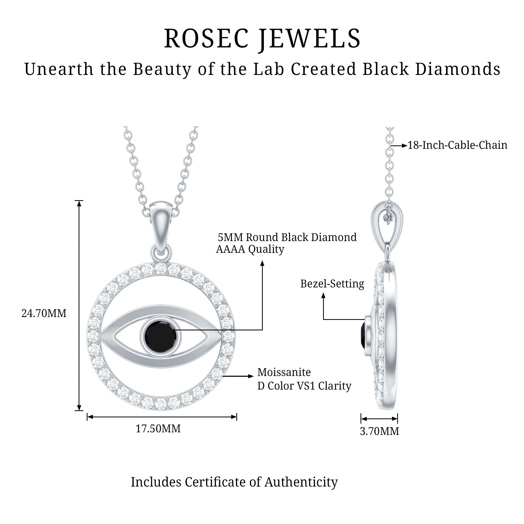Lab Created Black Diamond Evil Eye Necklace with Moissanite