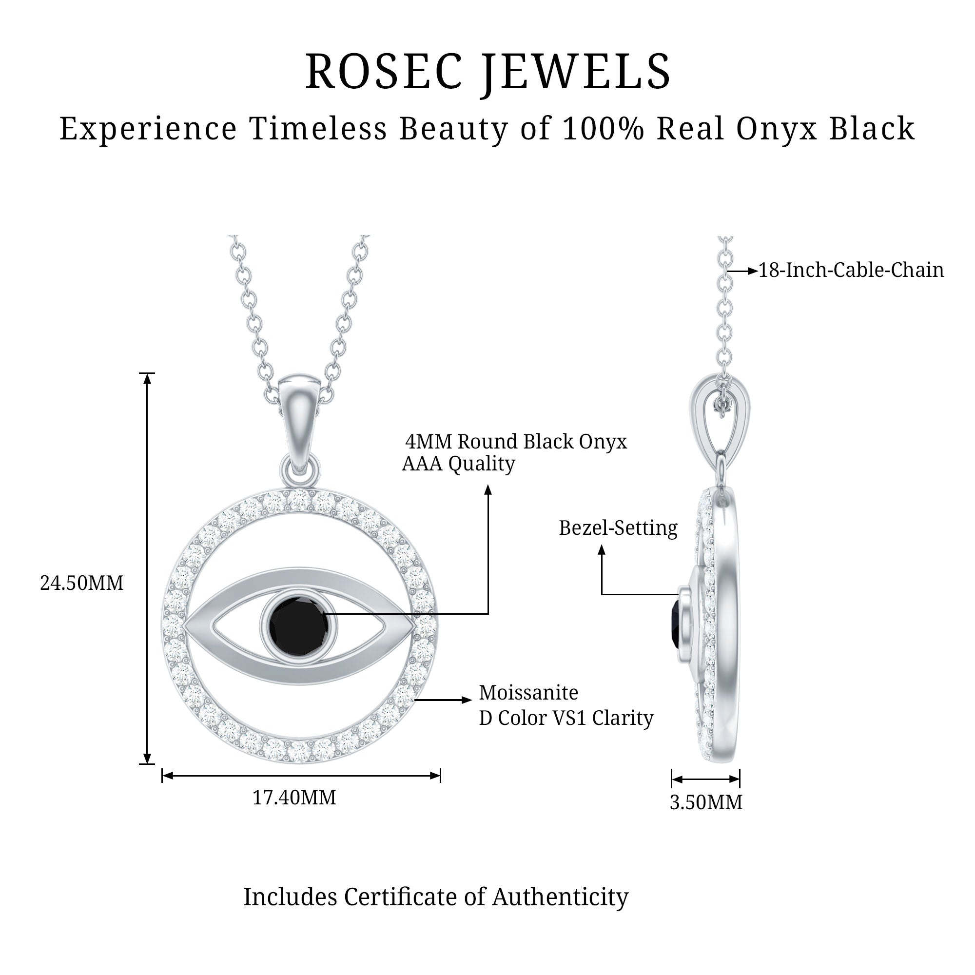 Black Onyx Evil Eye Pendant with Moissanite Eternity Circle