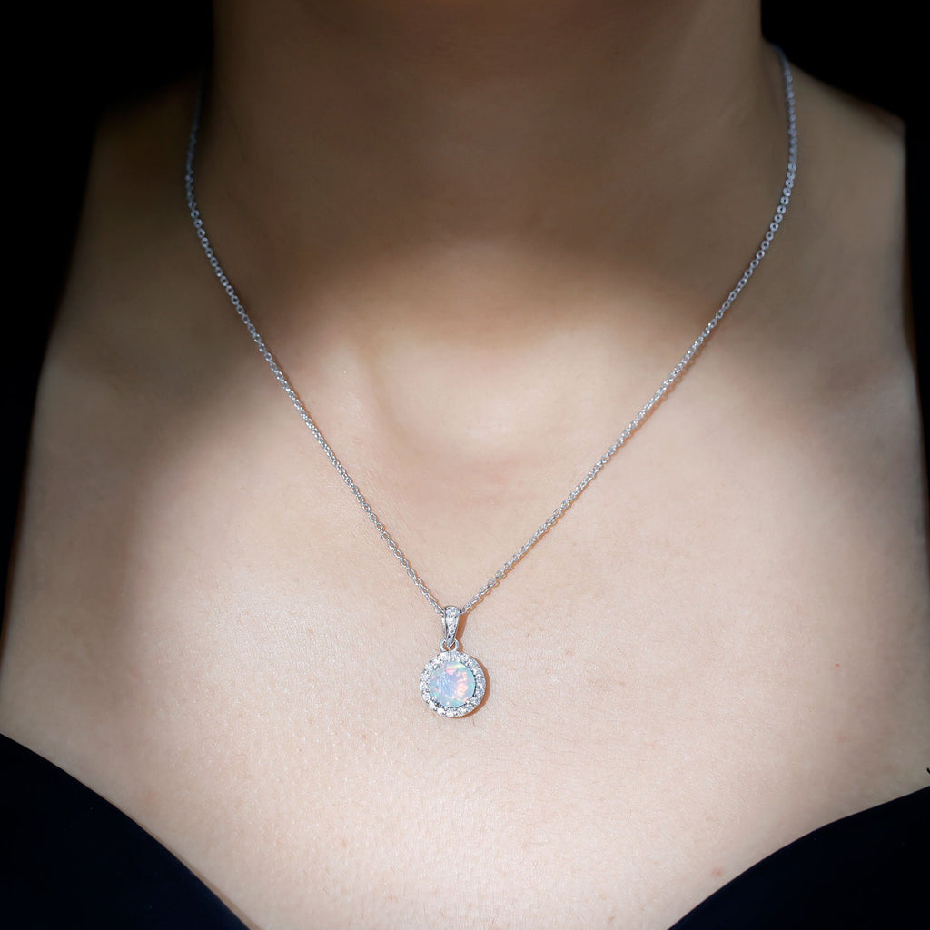 2 Carat Ethiopian Opal and Moissanite Halo Necklace with Silver Chain