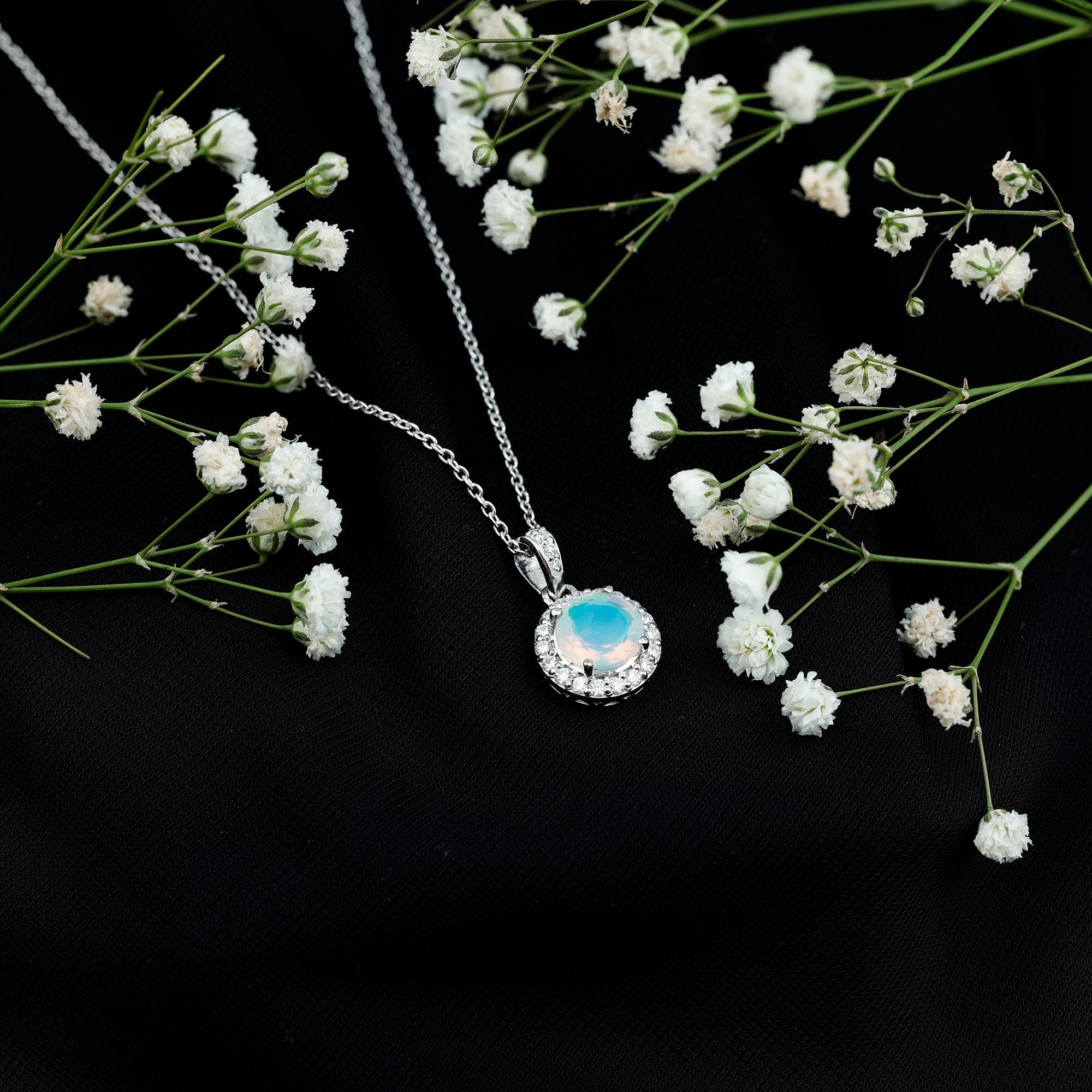 2 Carat Ethiopian Opal and Moissanite Halo Necklace with Silver Chain