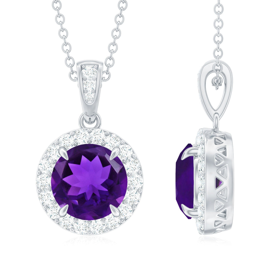 Natural 2 Carat Amethyst Pendant Necklace with Diamond Halo