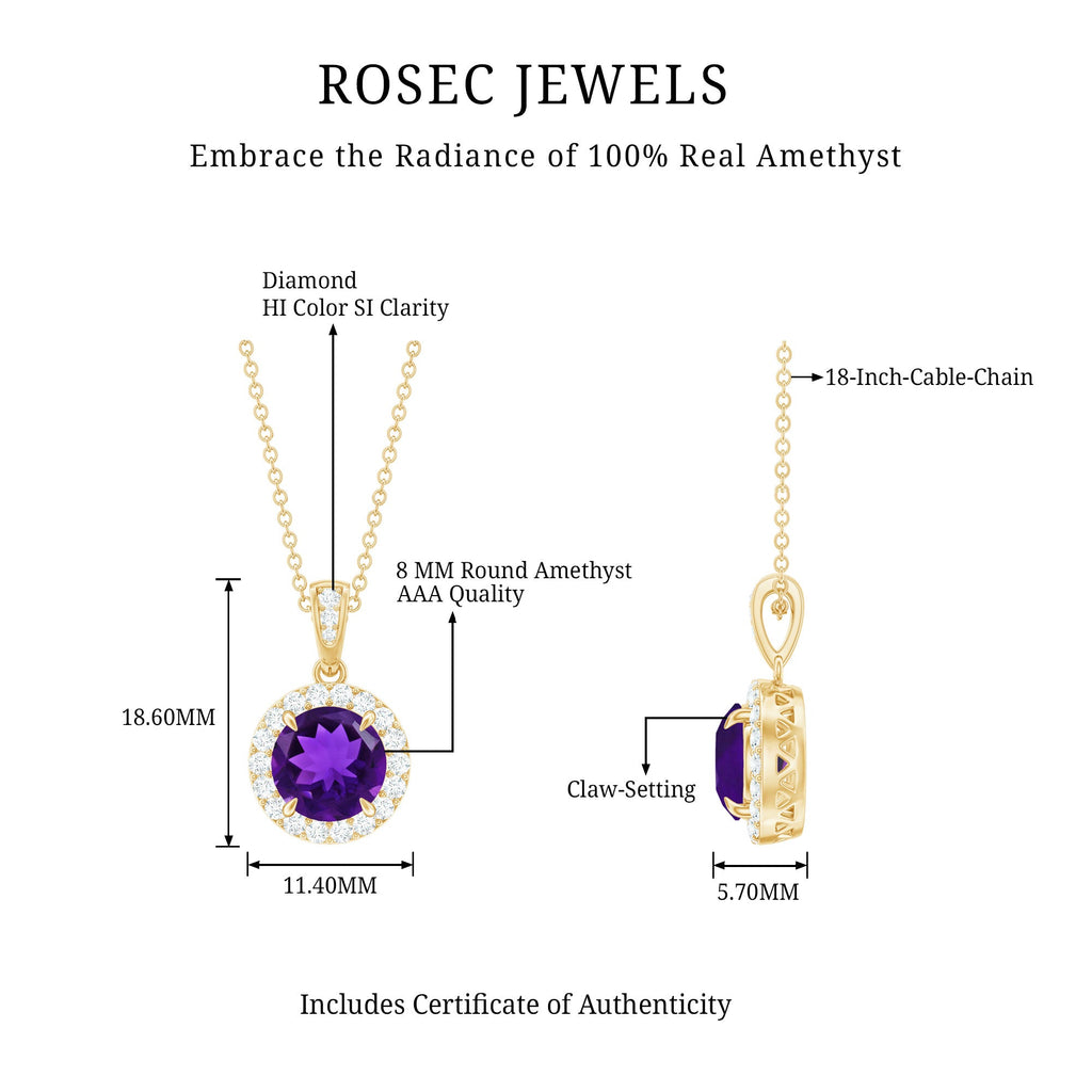 Natural 2 Carat Amethyst Pendant Necklace with Diamond Halo