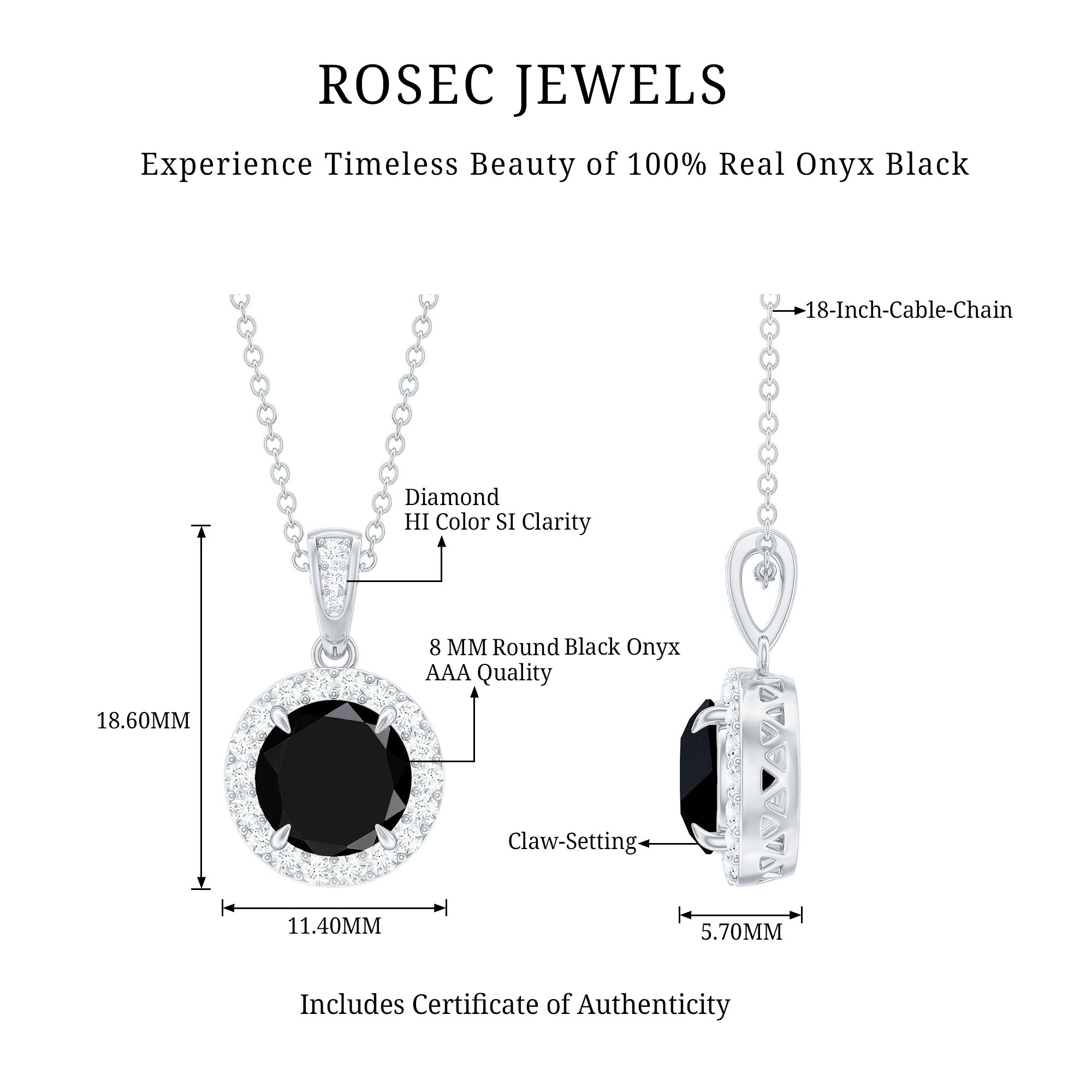 Real 2 Carat Black Onyx Pendant Necklace with Diamond Halo