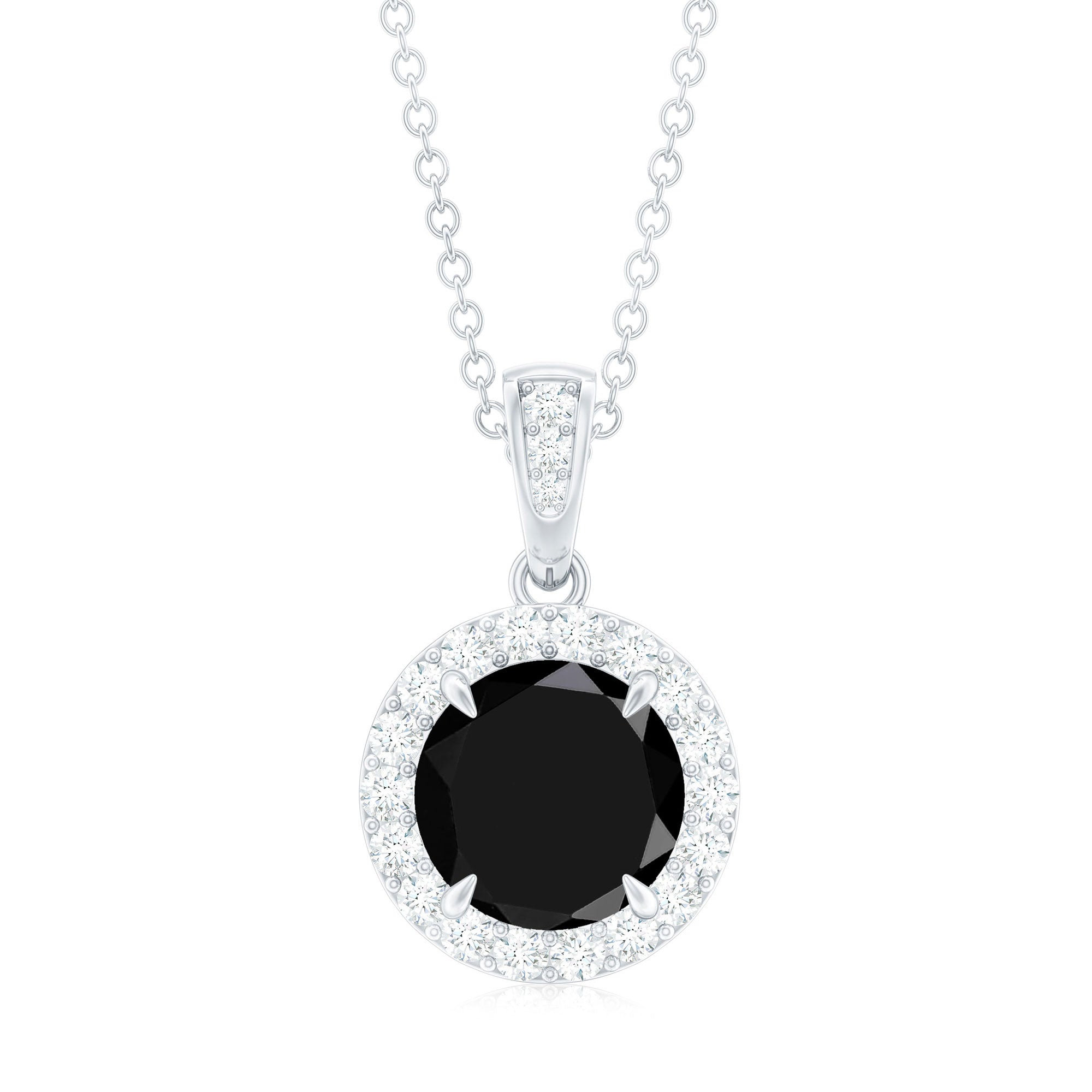 Real 2 Carat Black Onyx Pendant Necklace with Diamond Halo