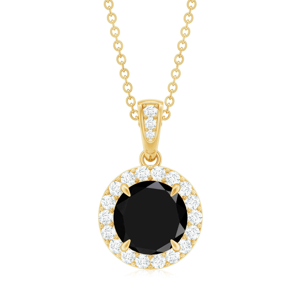 Real 2 Carat Black Onyx Pendant Necklace with Diamond Halo