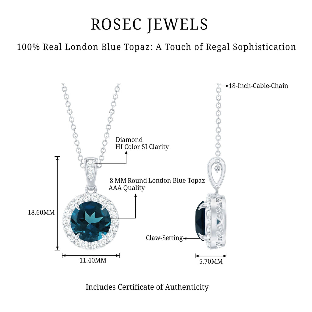 2 Carat London Blue Topaz Round Halo Pendant with Diamond