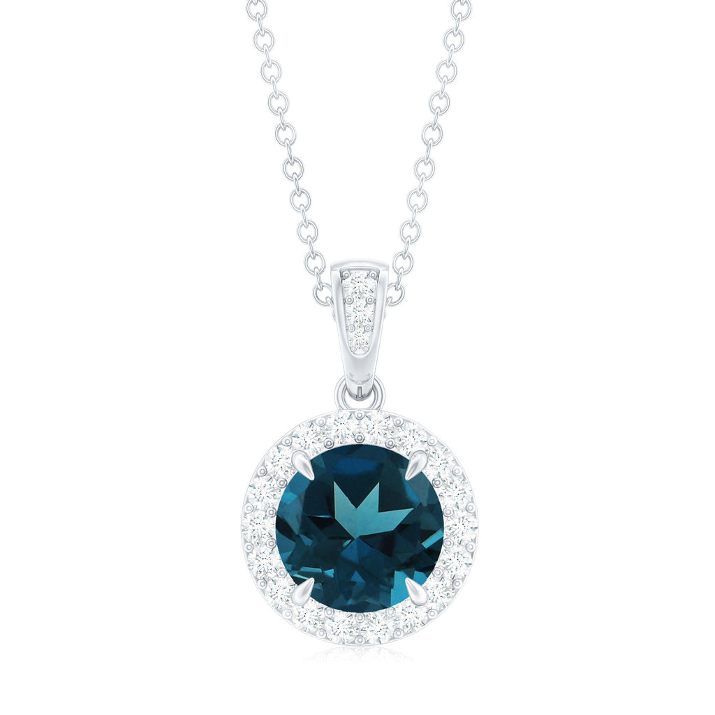 2 Carat London Blue Topaz Round Halo Pendant with Diamond