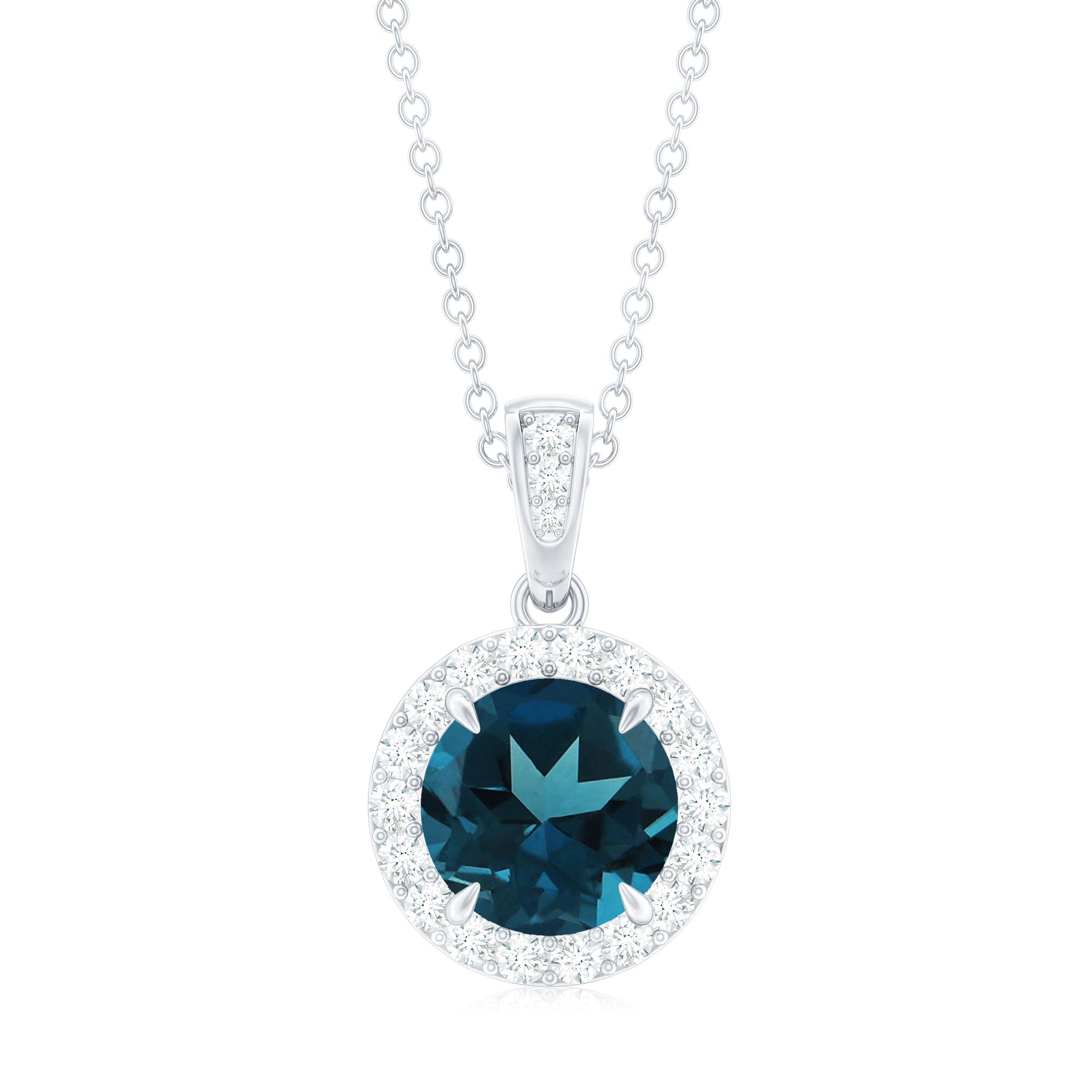 2 Carat London Blue Topaz Round Halo Pendant with Diamond