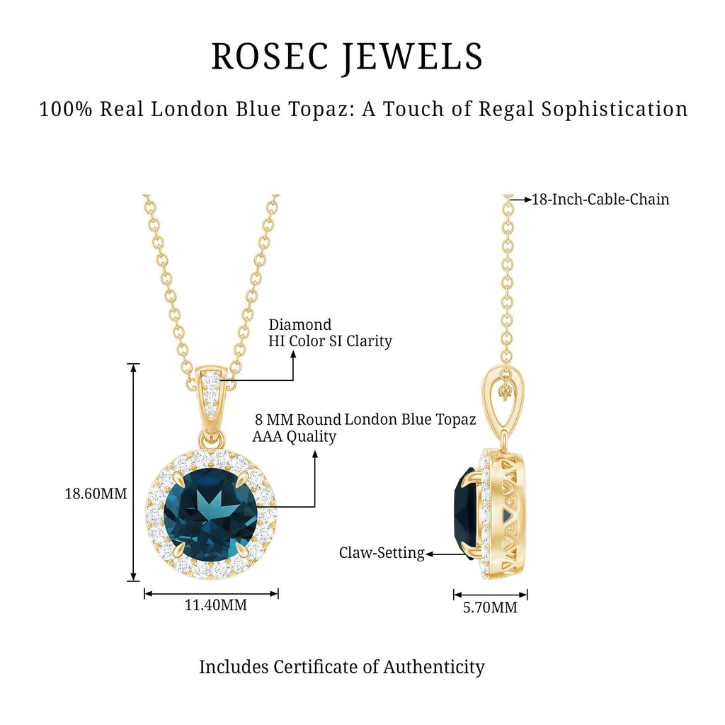 2 Carat London Blue Topaz Round Halo Pendant with Diamond