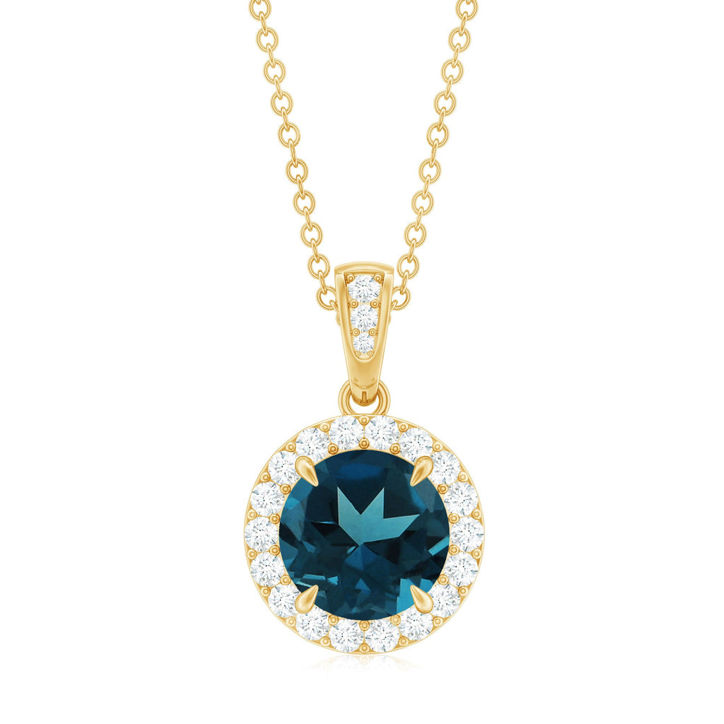 2 Carat London Blue Topaz Round Halo Pendant with Diamond
