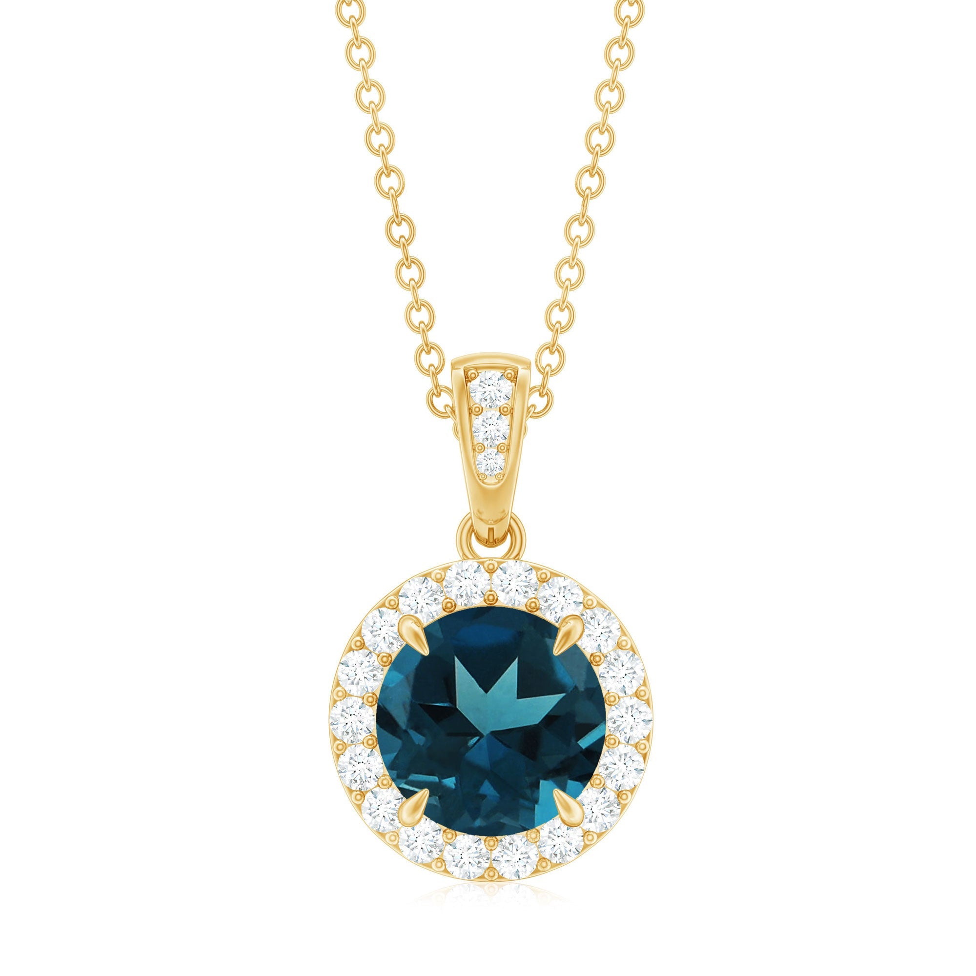 2 Carat London Blue Topaz Round Halo Pendant with Diamond