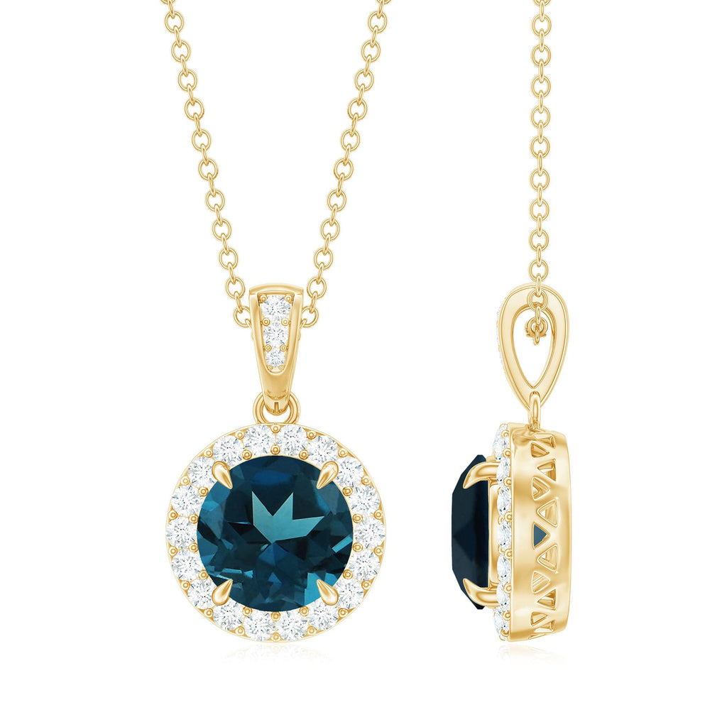 2 Carat London Blue Topaz Round Halo Pendant with Diamond