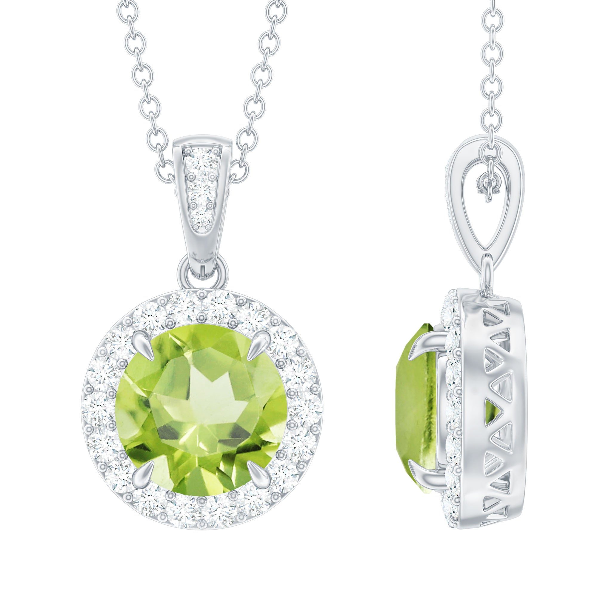2 Carat Round Peridot and Diamond Halo Pendant Necklace