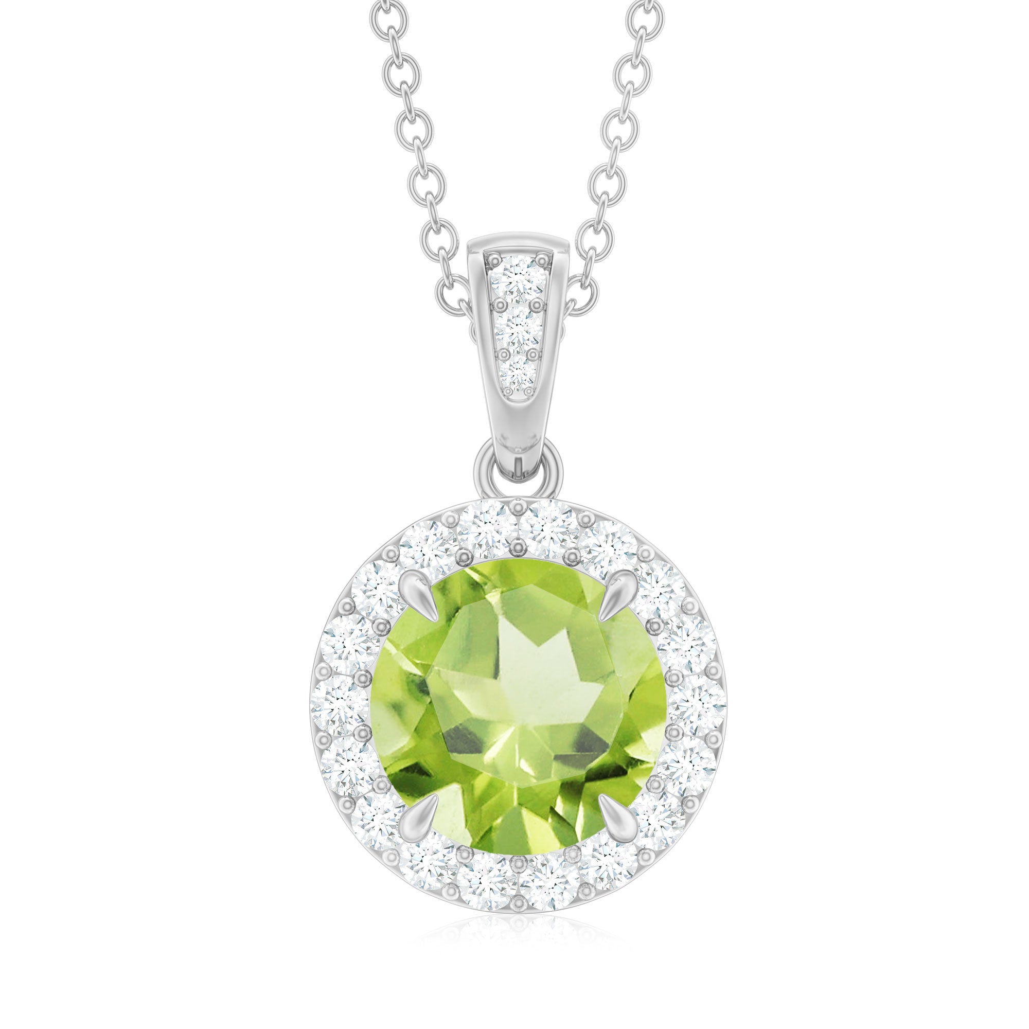 2 Carat Round Peridot and Diamond Halo Pendant Necklace