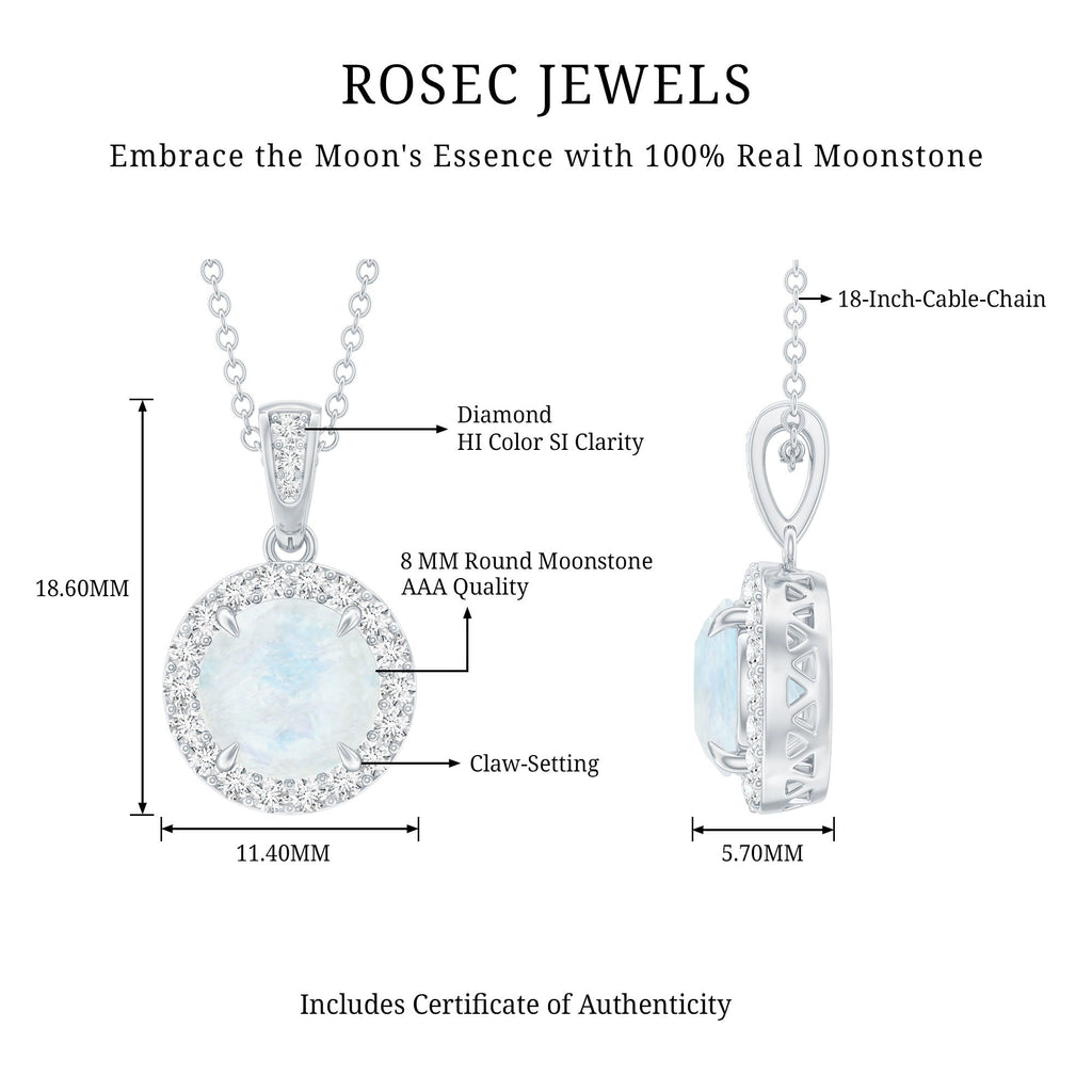 Claw Set 0.85 Carat Round Moonstone and Diamond Halo Pendant
