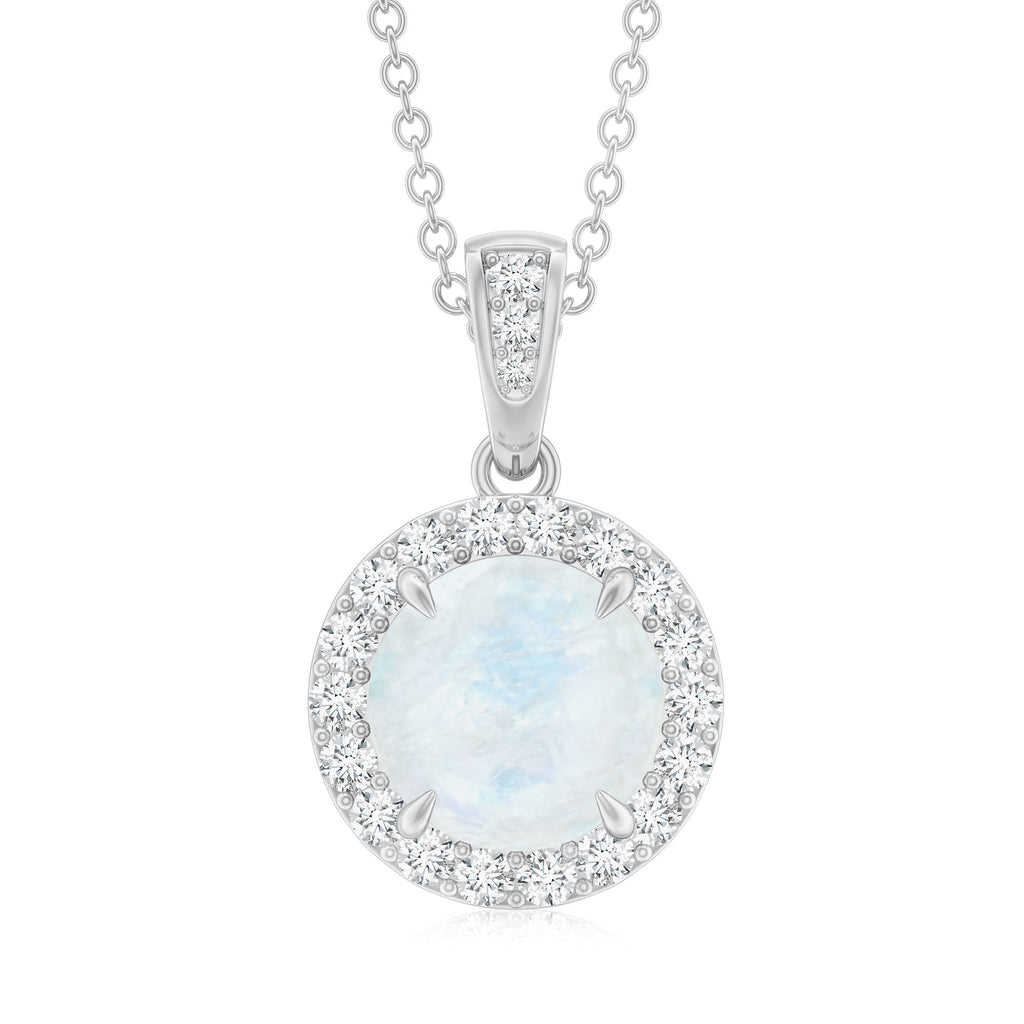 Claw Set 0.85 Carat Round Moonstone and Diamond Halo Pendant