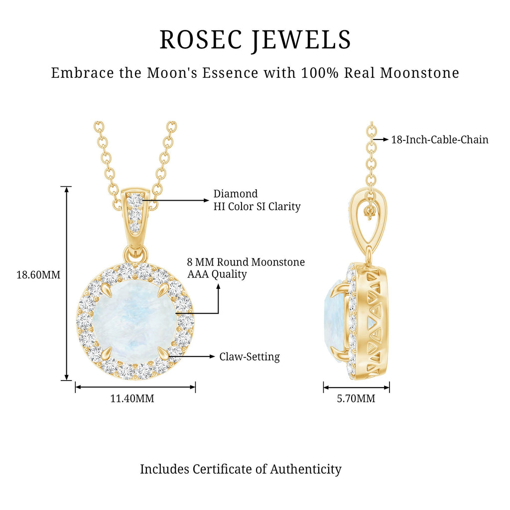 Claw Set 0.85 Carat Round Moonstone and Diamond Halo Pendant