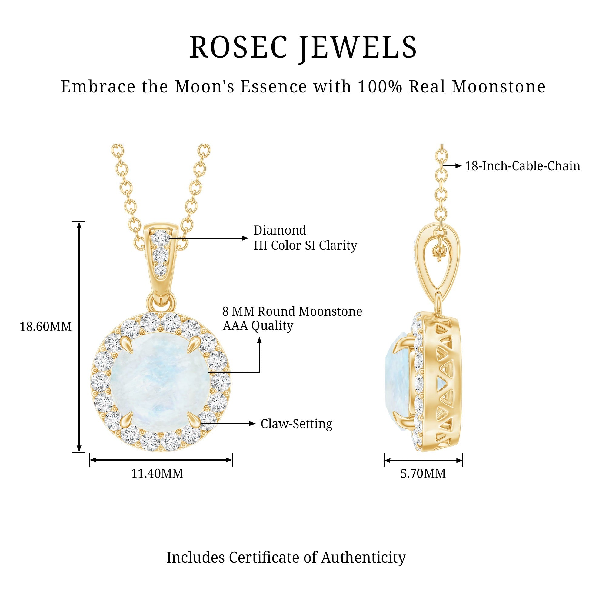 Claw Set 0.85 Carat Round Moonstone and Diamond Halo Pendant