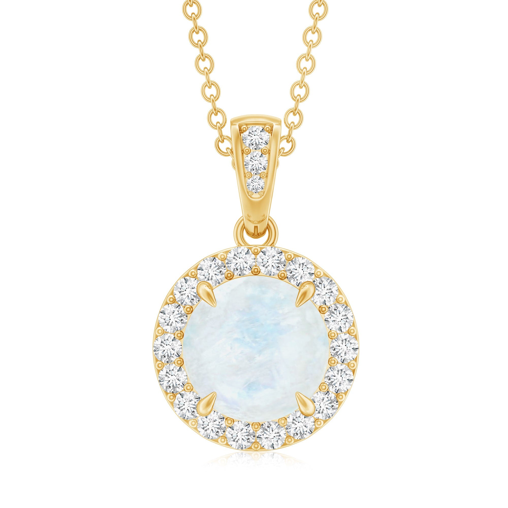 Claw Set 0.85 Carat Round Moonstone and Diamond Halo Pendant