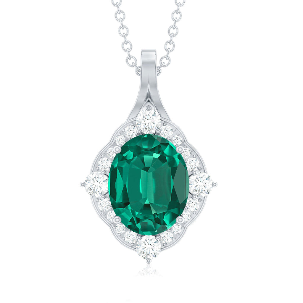Certified 3 Carat Oval Lab Emerald and Diamond Vintage Necklace