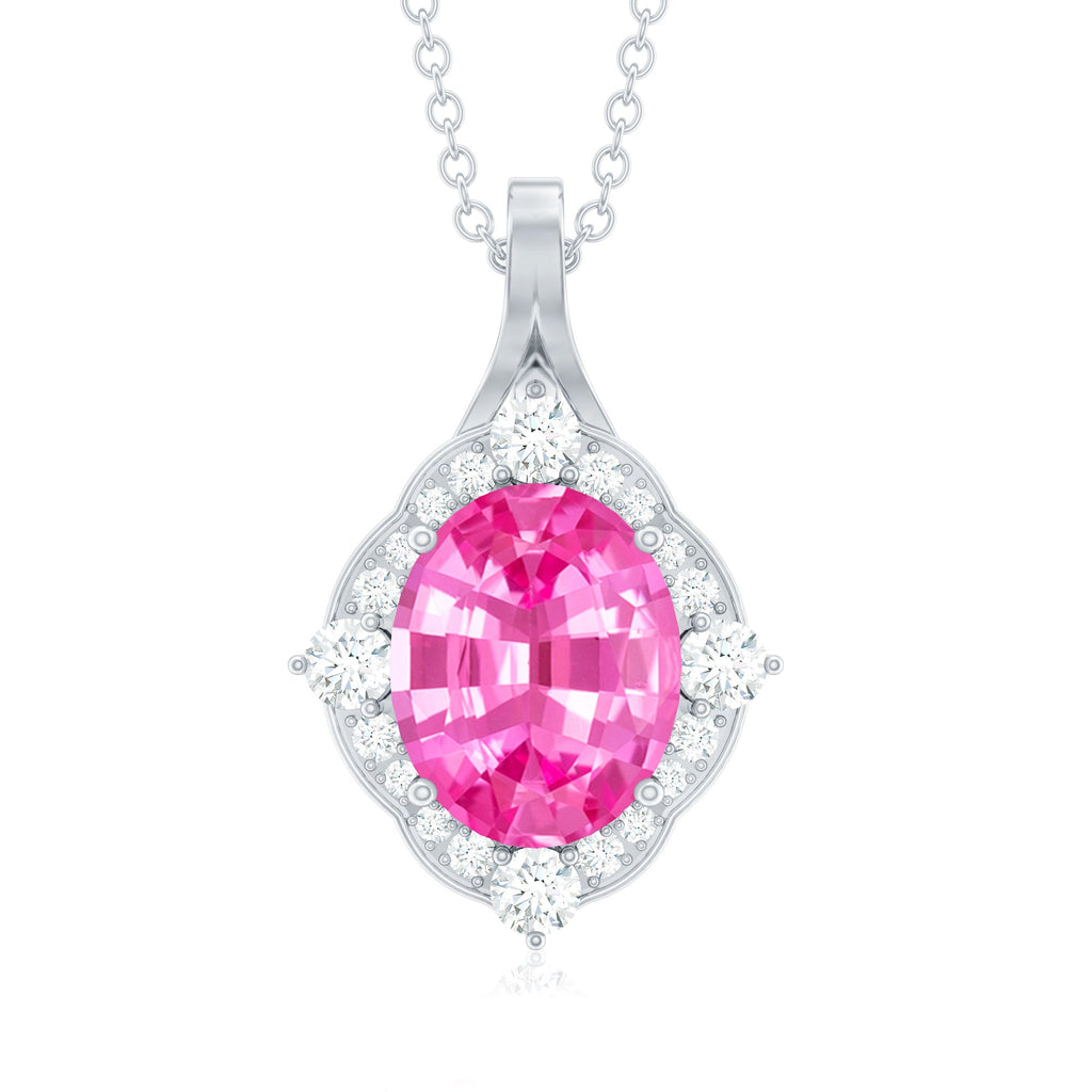 4 Carat Oval Lab Created Pink Sapphire Vintage Pendant with Diamonds