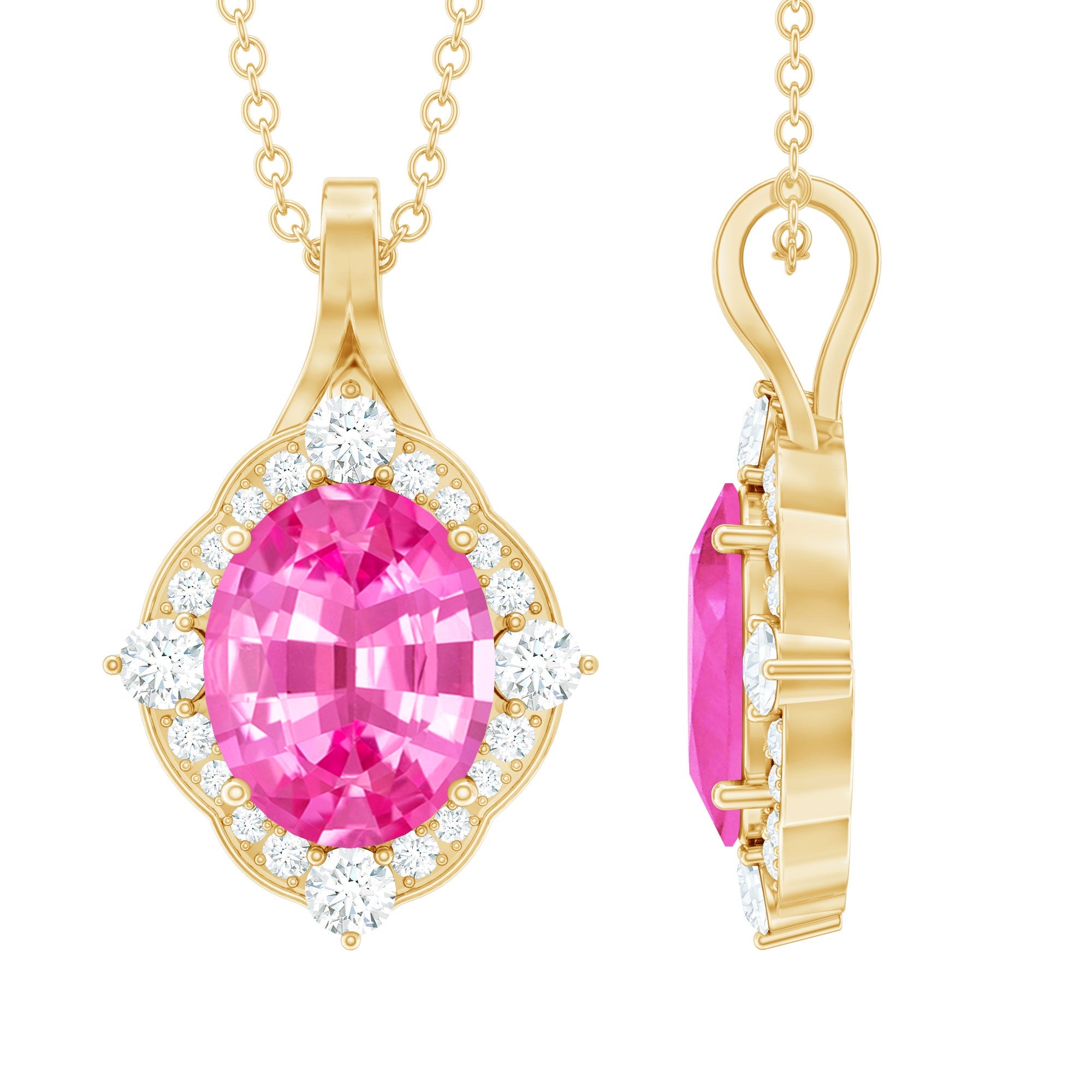 4 Carat Oval Lab Created Pink Sapphire Vintage Pendant with Diamonds