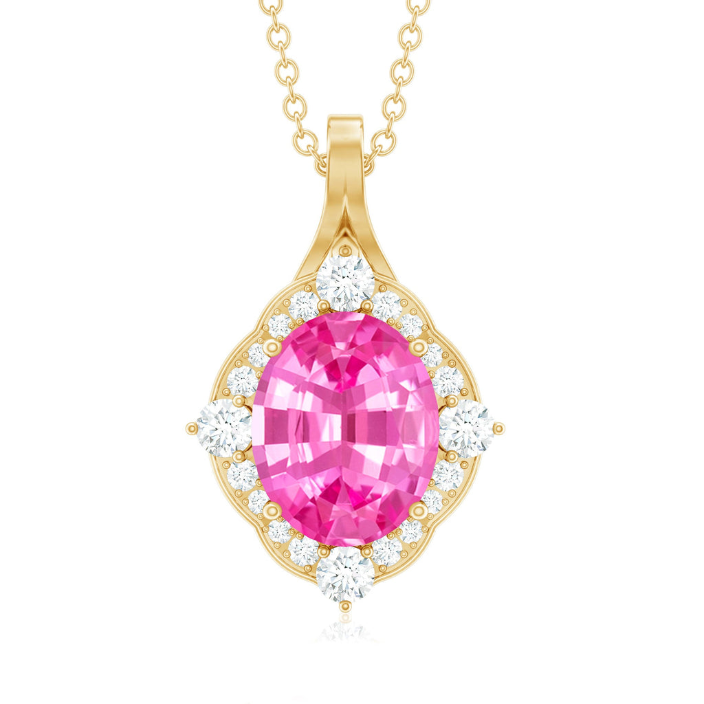 4 Carat Oval Lab Created Pink Sapphire Vintage Pendant with Diamonds