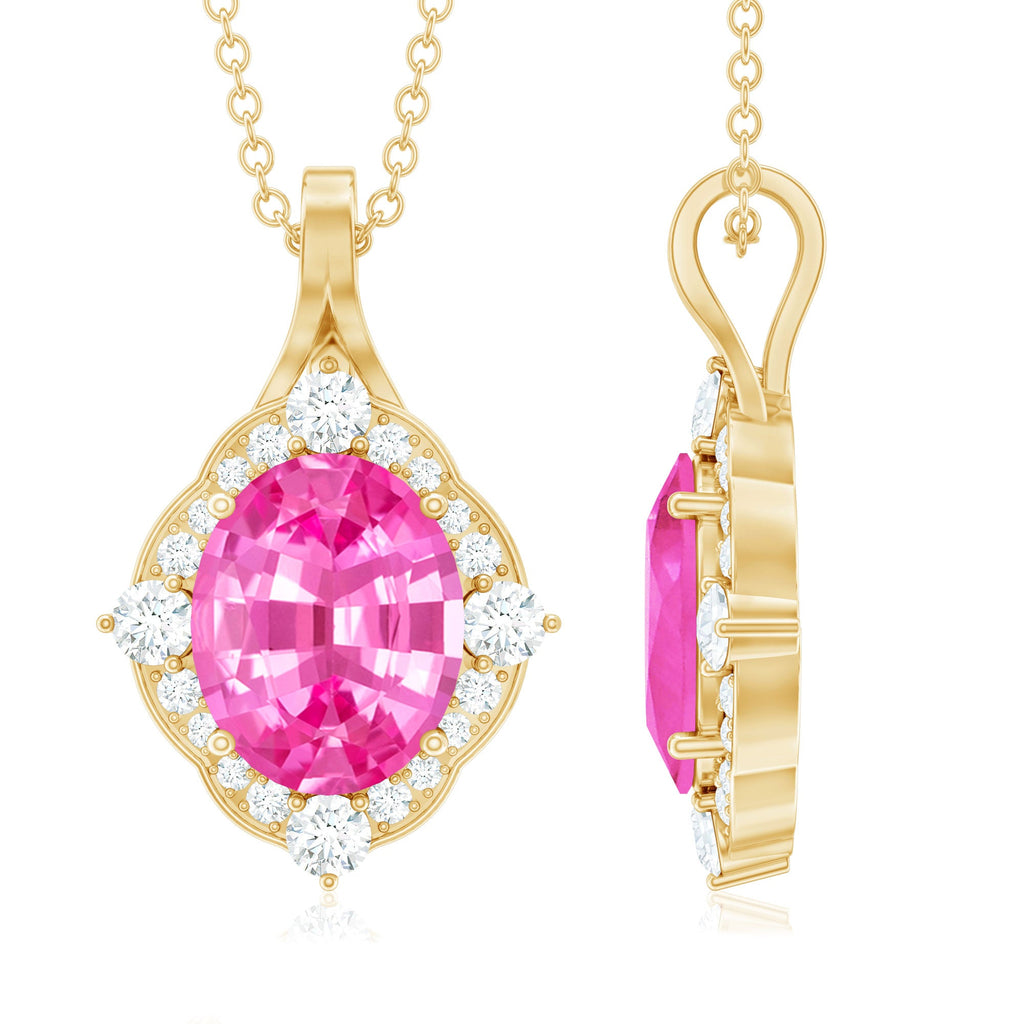 4 Carat Oval Lab Created Pink Sapphire Vintage Pendant with Diamonds