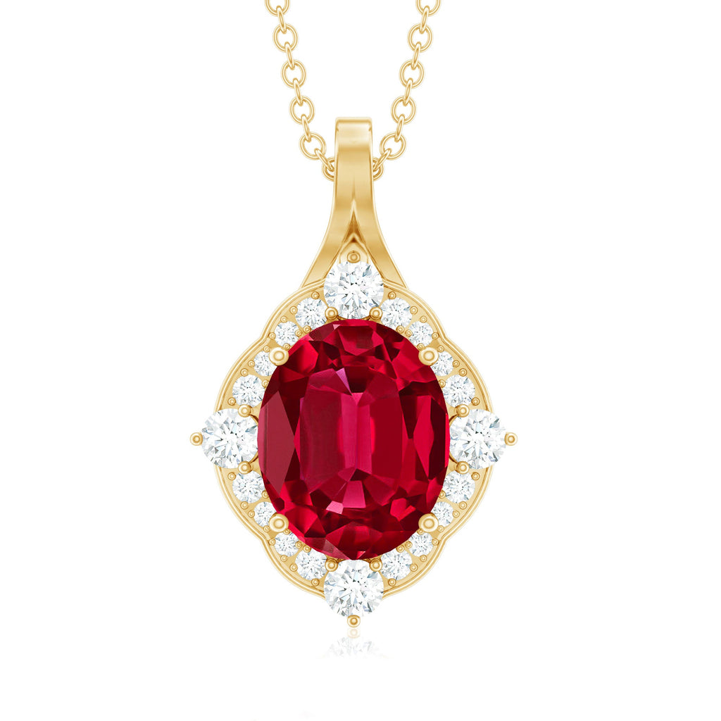 4 Carat Lab Grown Ruby Vintage Inspired Necklace with Diamond Halo