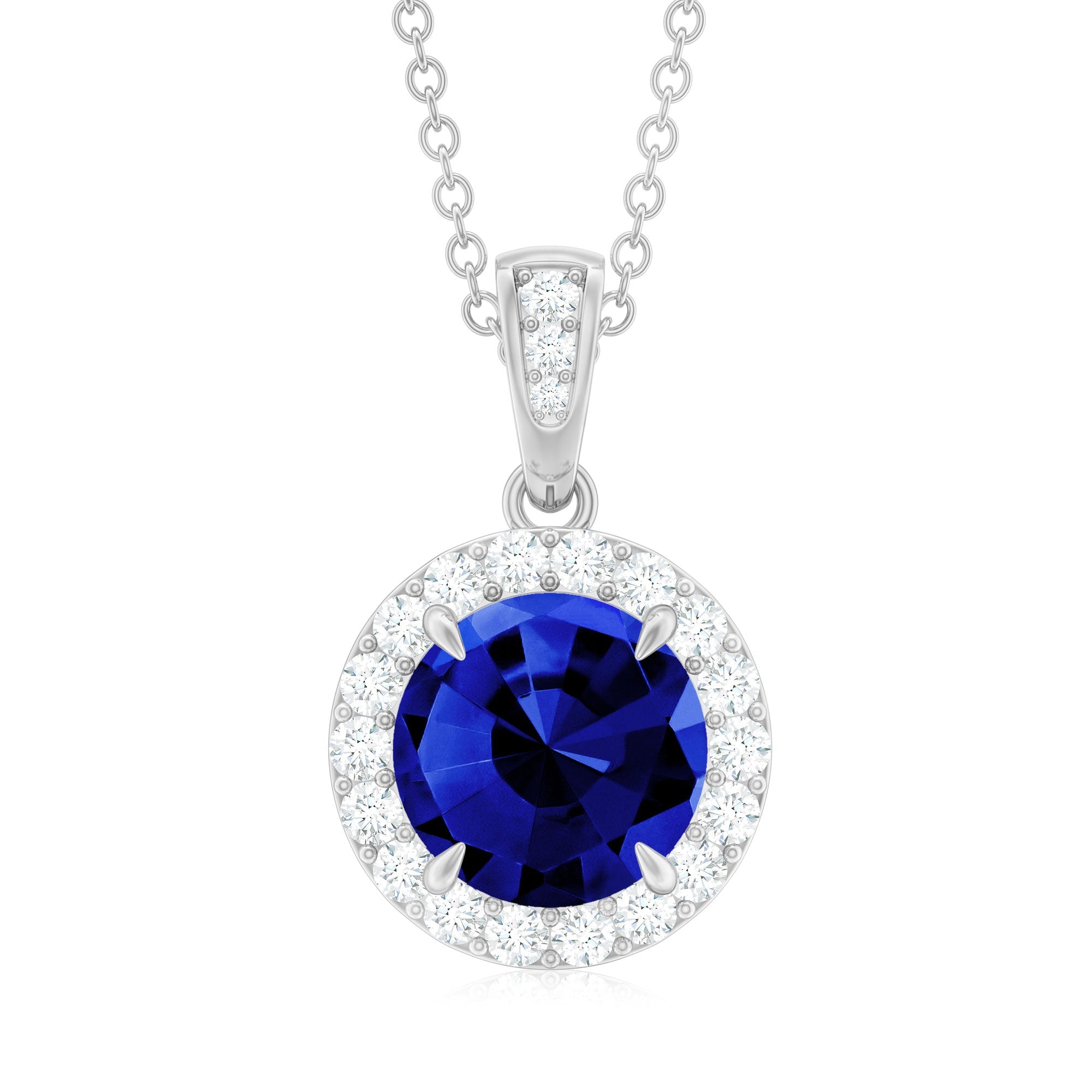 2.74 Carat Round Lab Created Blue Sapphire Halo Necklace with White Diamond