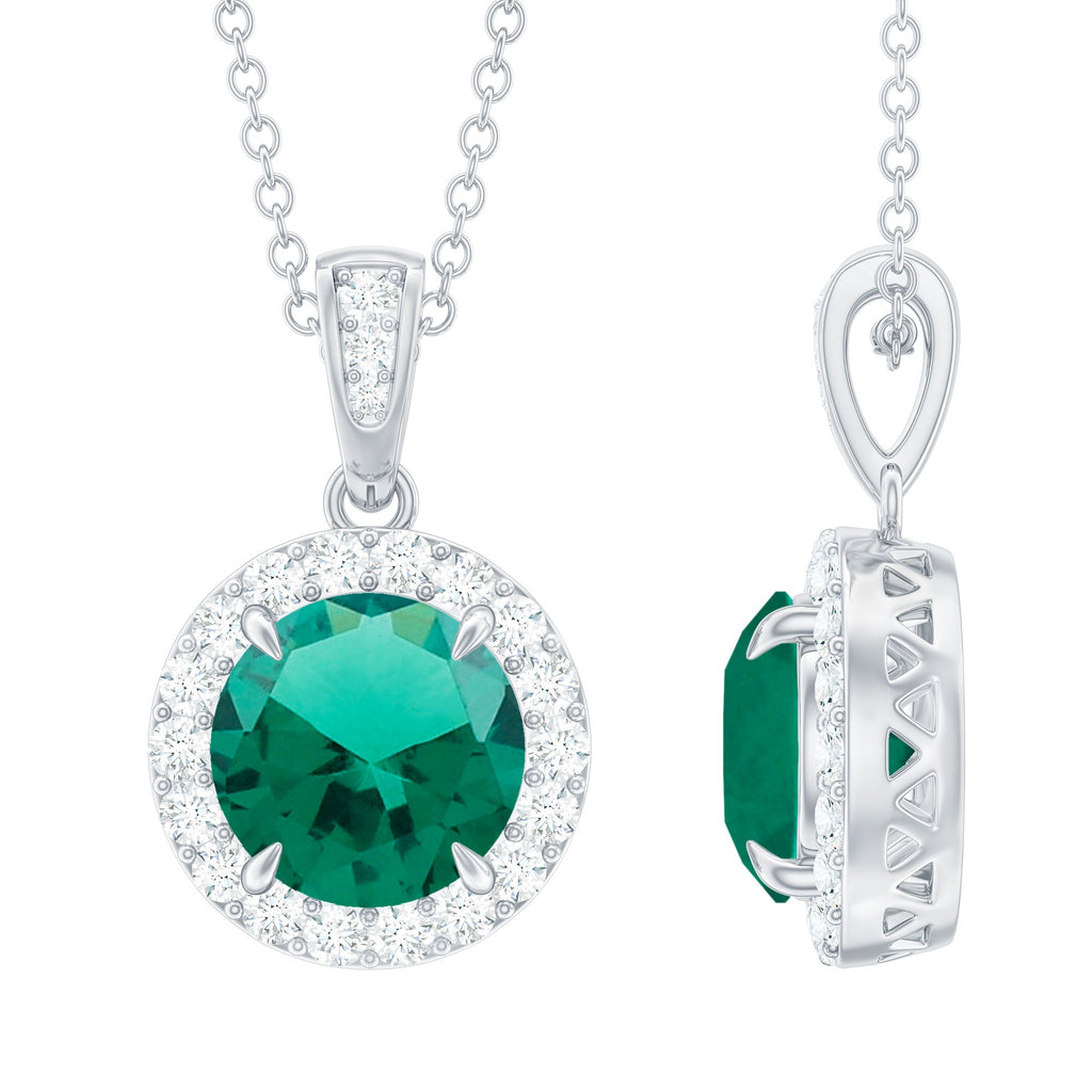 2 Carat Round Cut Lab Grown Emerald and Diamond Halo Necklace