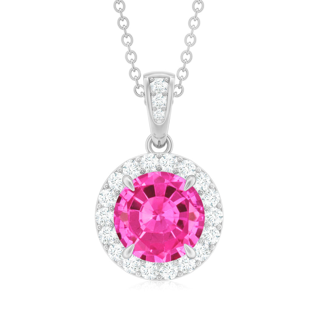 2.2 Carat Round Cut Lab Created Pink Sapphire and Diamond Necklace with Certificate