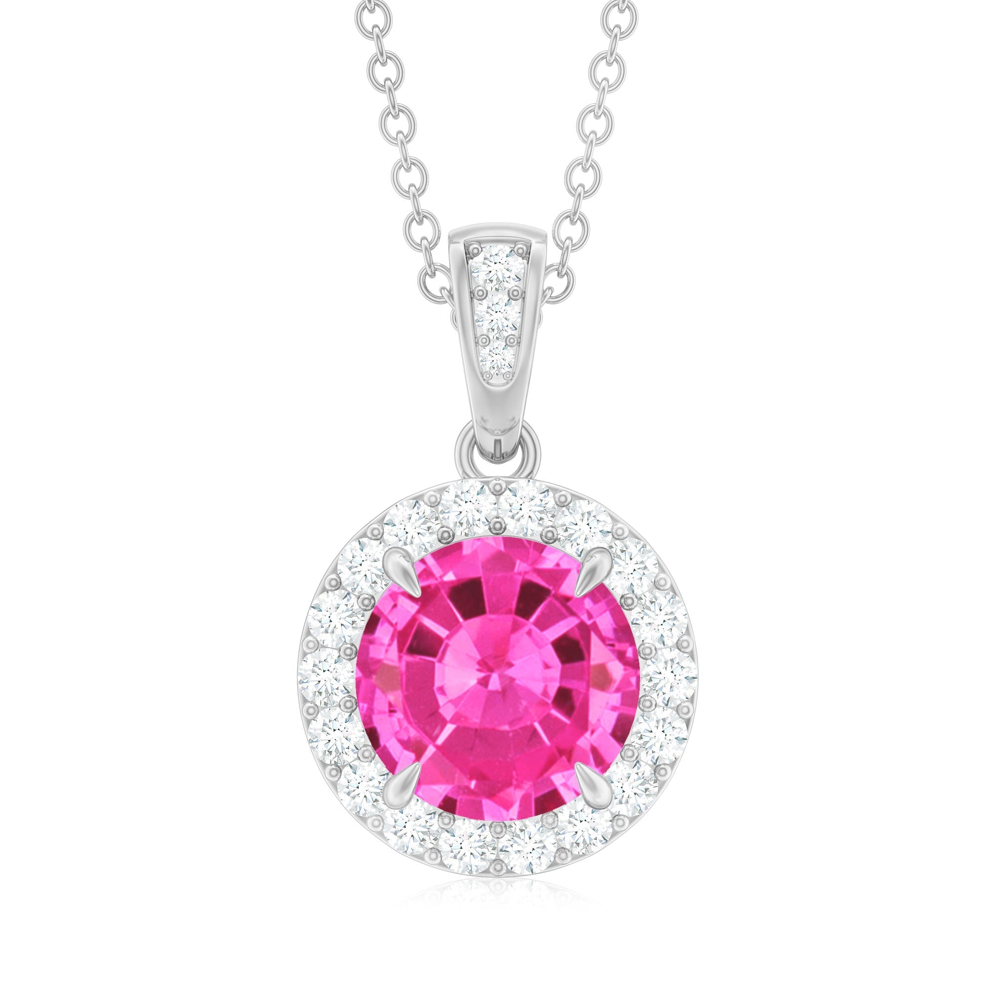 2.2 Carat Round Cut Lab Created Pink Sapphire and Diamond Necklace with Certificate
