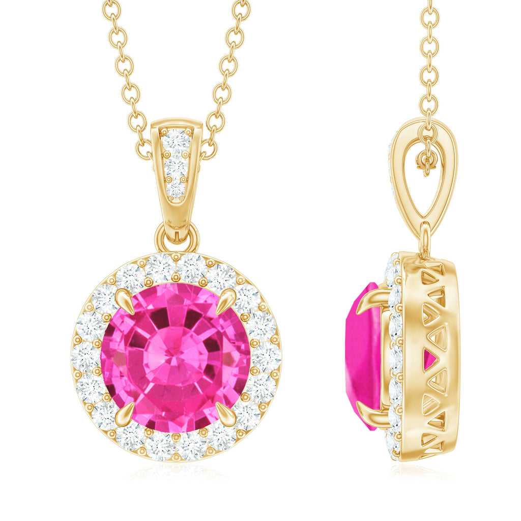 2.2 Carat Round Cut Lab Created Pink Sapphire and Diamond Necklace with Certificate