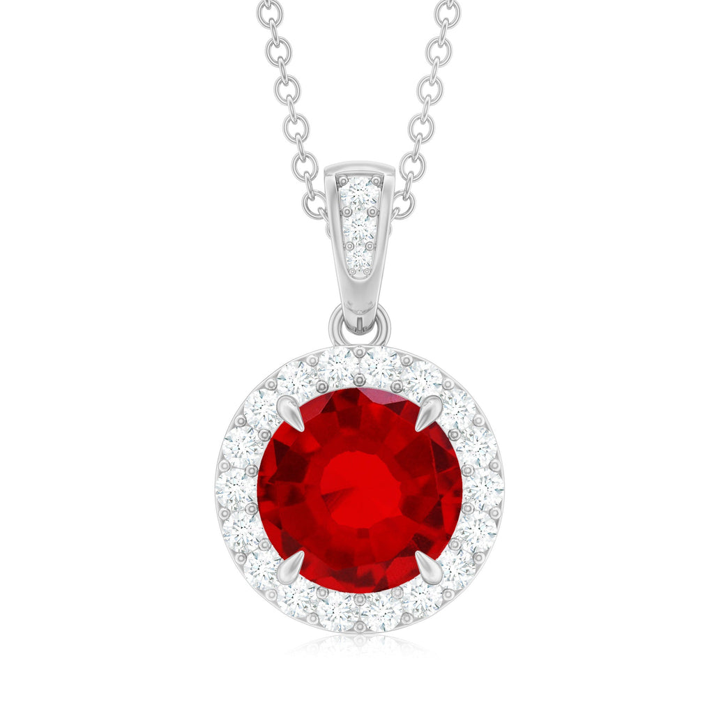 2.3 Carat Round Lab Created Ruby and Diamond Halo Pendant Necklace