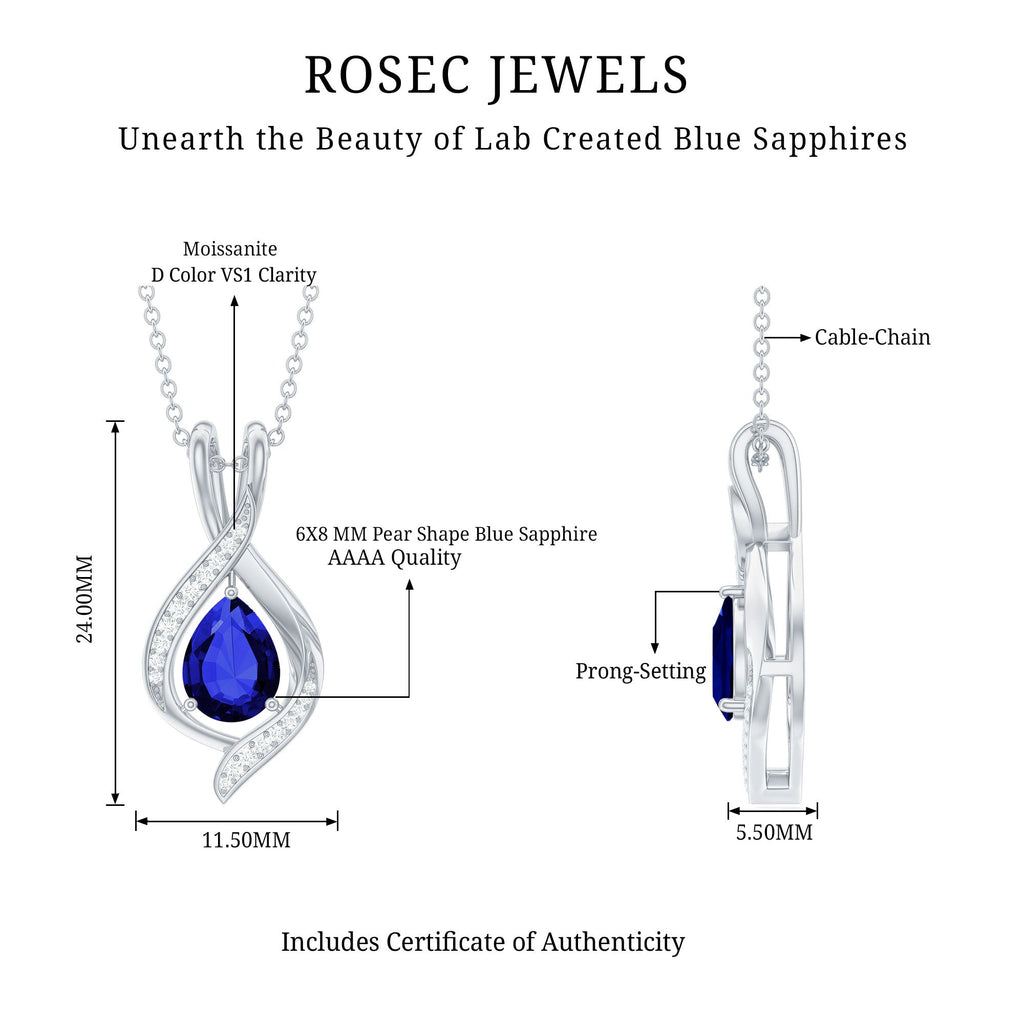 Lab Grown 6X8 MM Blue Sapphire Teardrop Pendant with Moissanite