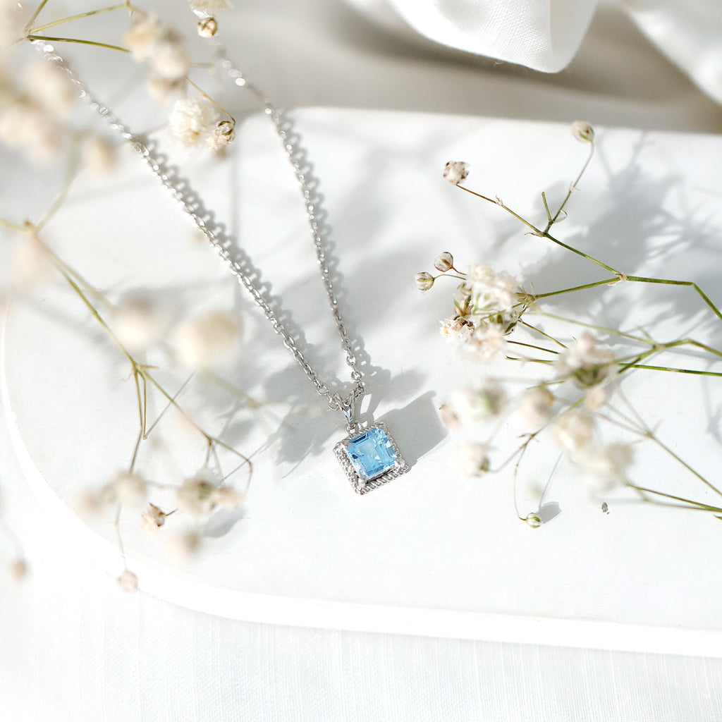 Natural Half Carat Aquamarine Princess Cut Necklace with Silver Chain