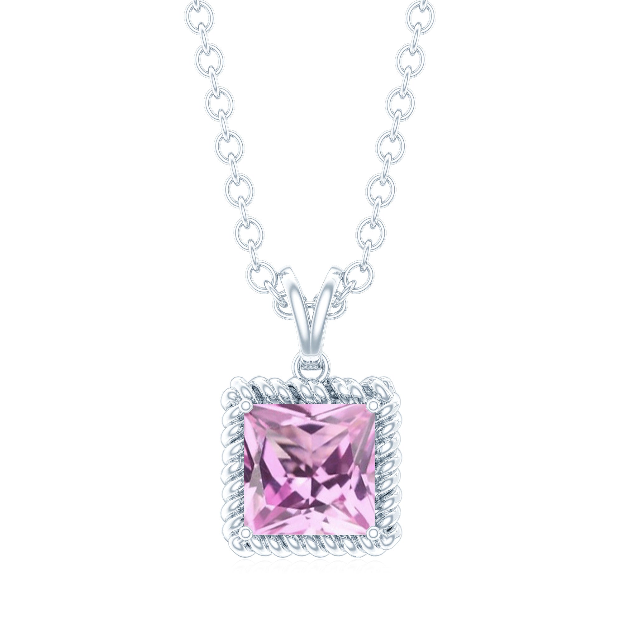 Natural Princess Cut Pink Sapphire Solitaire Pendant with Chain