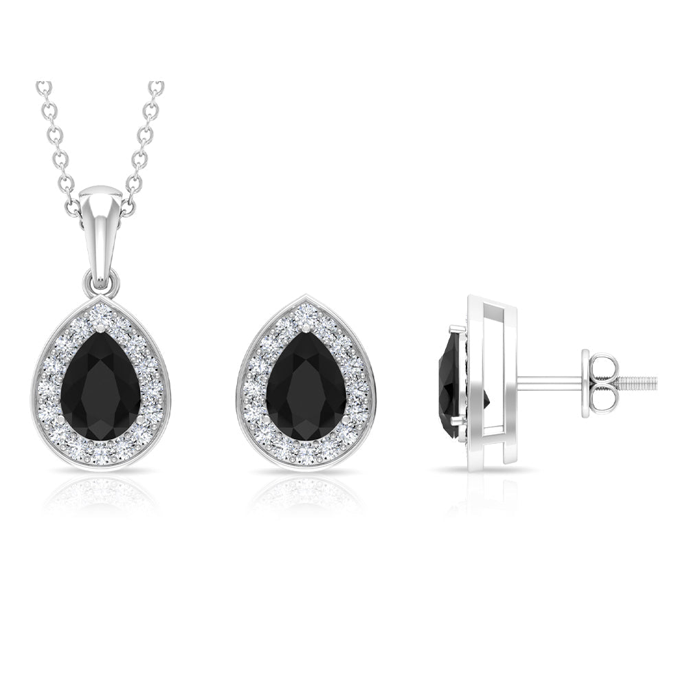 Natural Black Onyx Teardrop Pendant and Earrings Set with Diamond