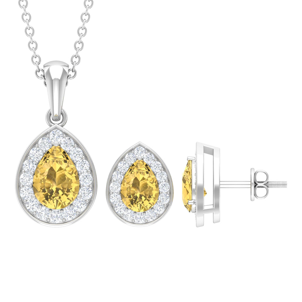 Natural 1.8 Carat Citrine Teardrop Necklace and Earrings Set with Diamond Halo