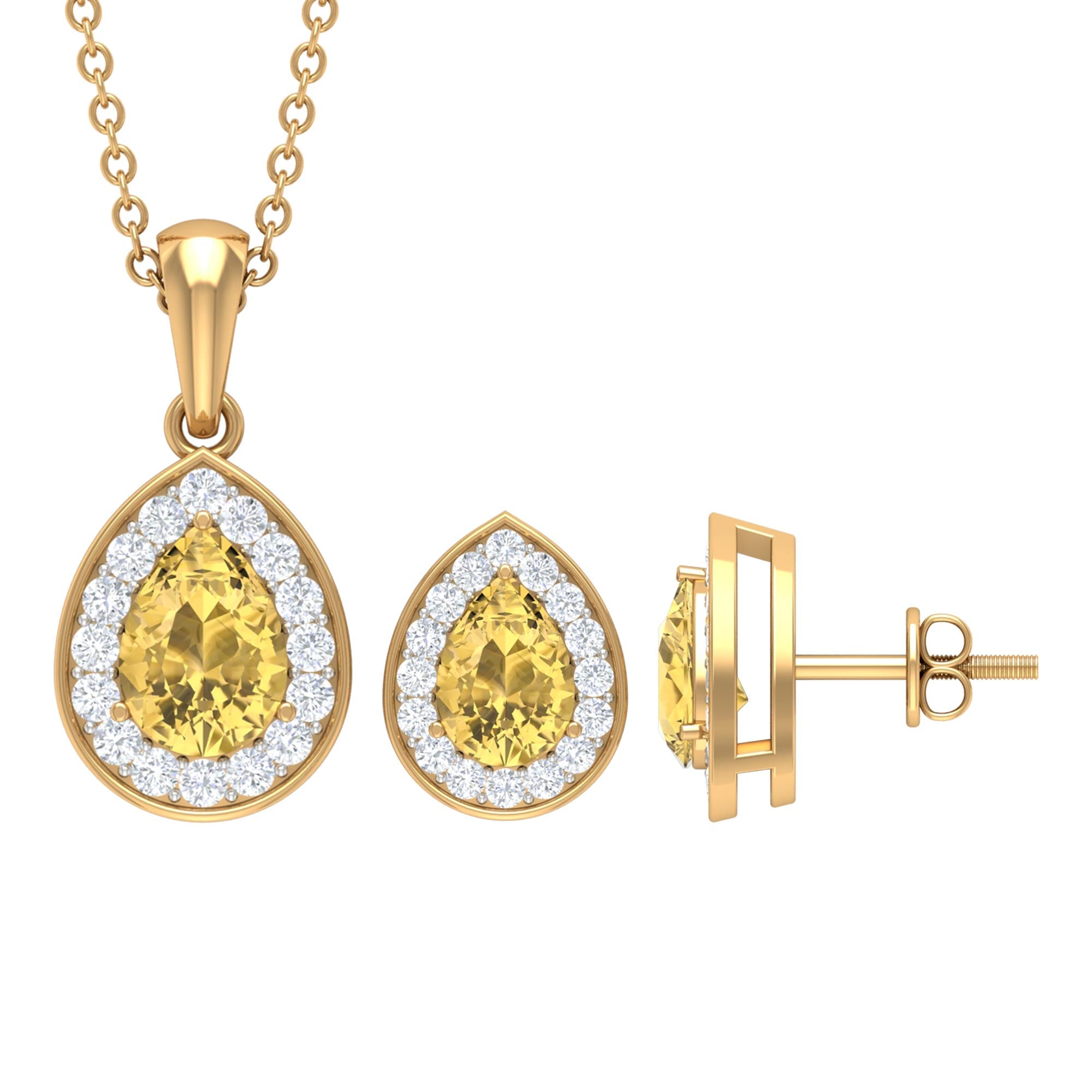 Natural 1.8 Carat Citrine Teardrop Necklace and Earrings Set with Diamond Halo