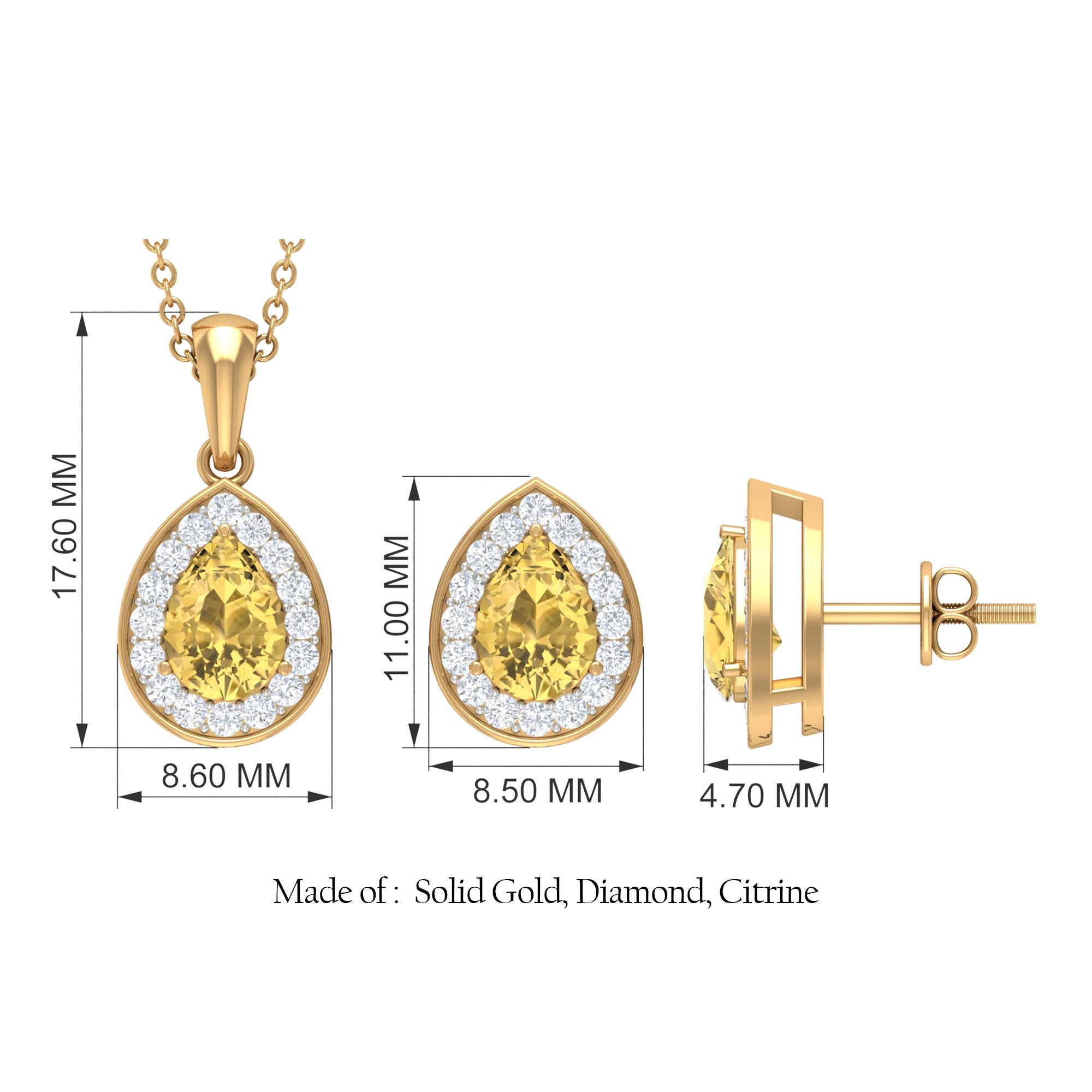 Natural 1.8 Carat Citrine Teardrop Necklace and Earrings Set with Diamond Halo
