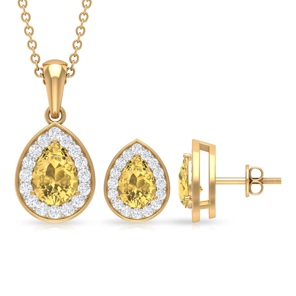 Natural 1.8 Carat Citrine Teardrop Necklace and Earrings Set with Diamond Halo