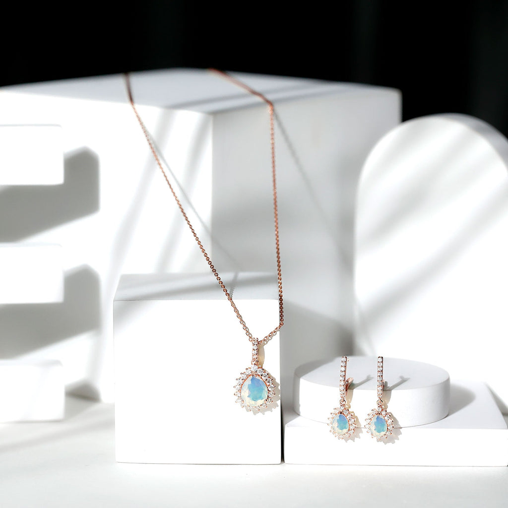 Ethiopian Opal and Moissanite Teardrop Jewelry Set