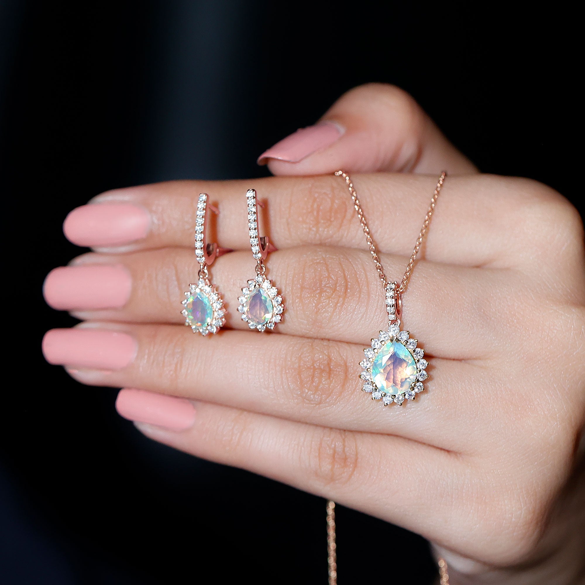 Ethiopian Opal and Moissanite Teardrop Jewelry Set
