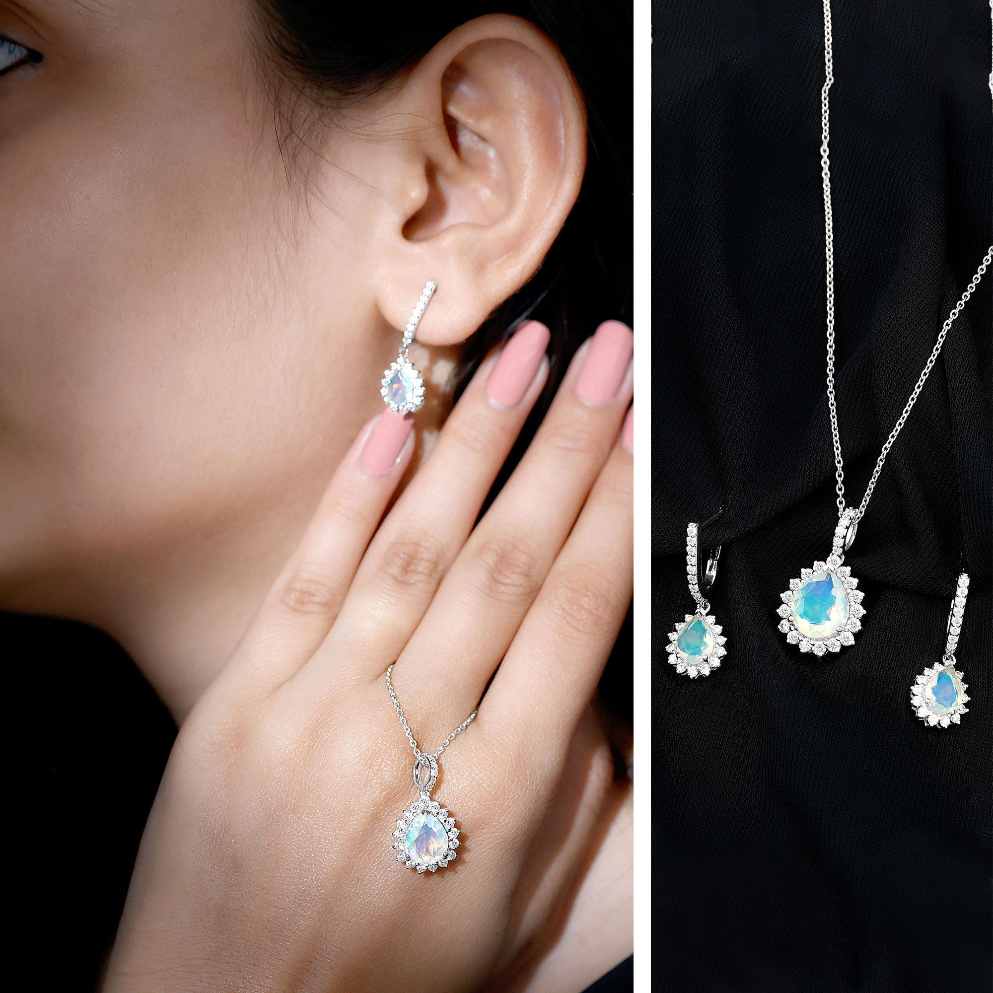 Ethiopian Opal and Moissanite Teardrop Jewelry Set