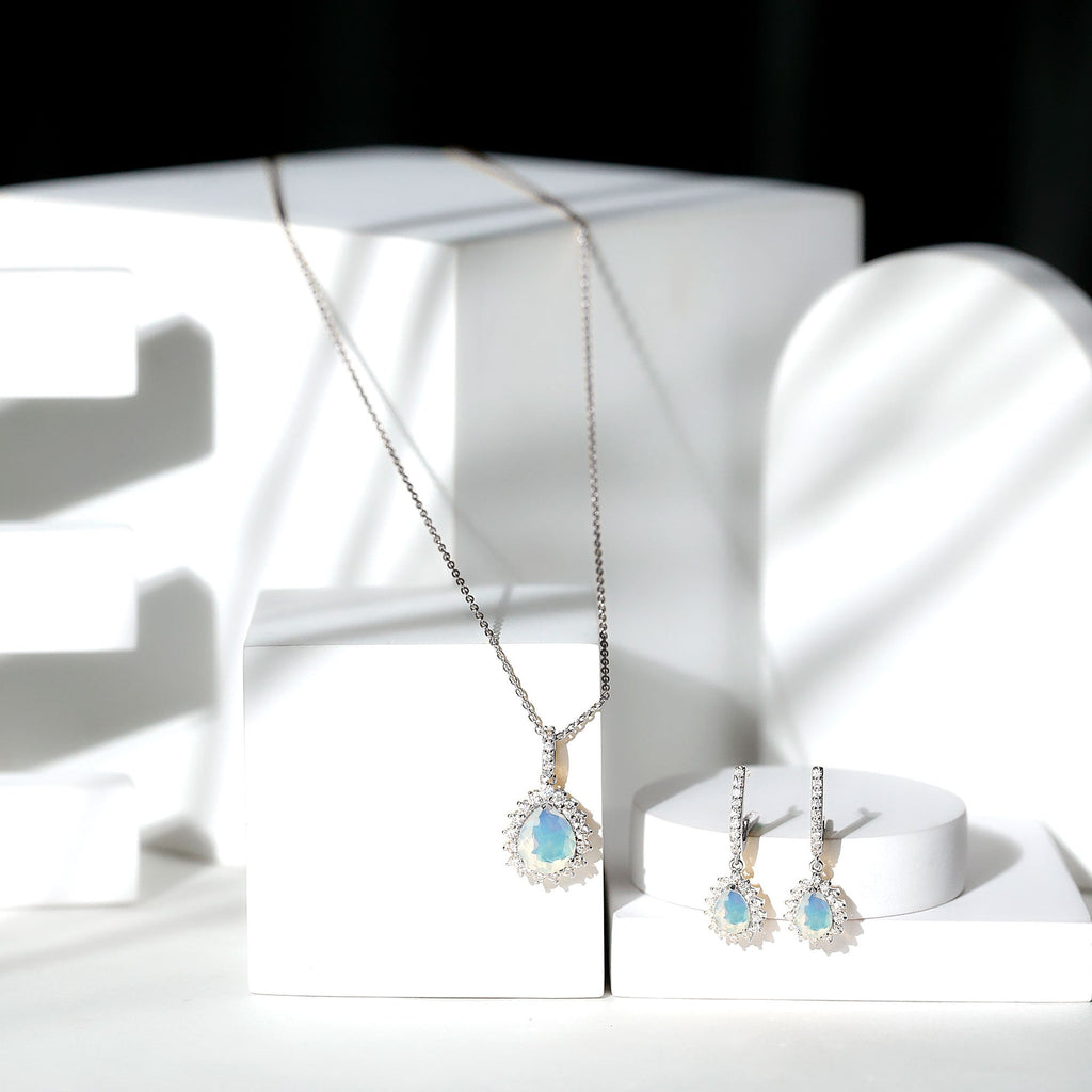 Ethiopian Opal and Moissanite Teardrop Jewelry Set