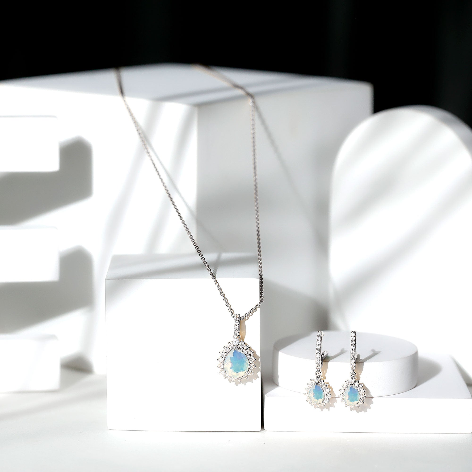 Ethiopian Opal and Moissanite Teardrop Jewelry Set