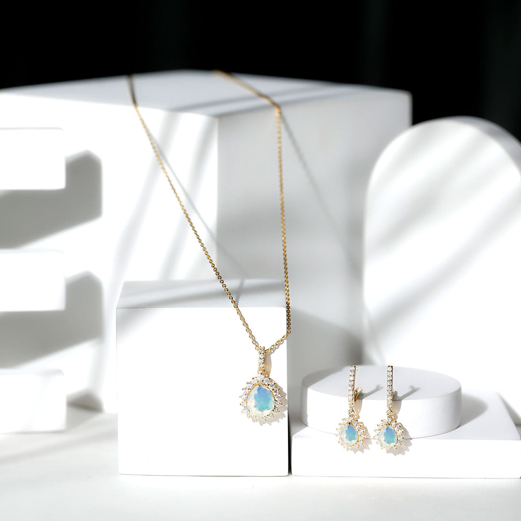 Ethiopian Opal and Moissanite Teardrop Jewelry Set