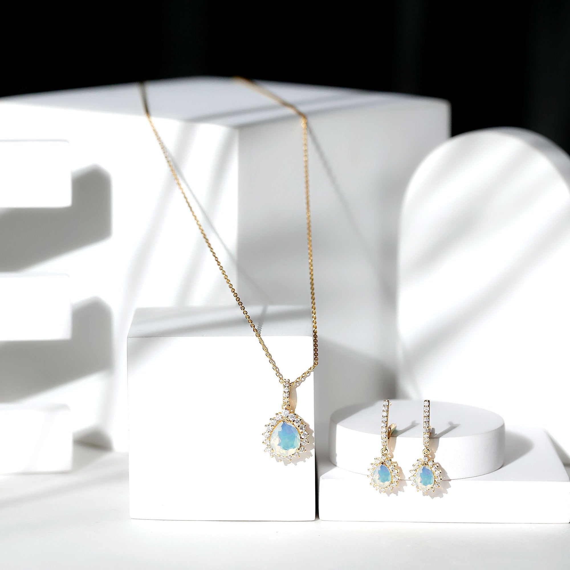 Ethiopian Opal and Moissanite Teardrop Jewelry Set